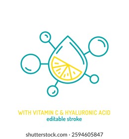 With vitamin C and hyaluronic acid line icon. Important beauty ingredient pictogram, minimalist sign. Editable stroke. Medical symbol in line style. Vector illustration isolated on a white background