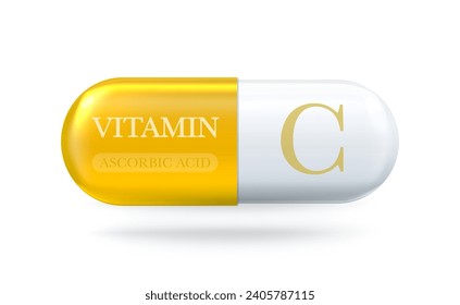 Vitamin-C-Ikone. Ascorbinsäure-C-Vitaminkomplex. Tablettenkapsel fallen lassen. Vektorgrafik 3D