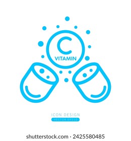 Vitamin C icon blue floating out of capsule Isolated on a white background. Form simple line. Design for use on web app mobile and print media. Vector.