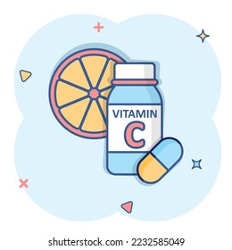Vitamin C icon in comic style. Bottle with pill cartoon vector illustration on white isolated background. Pharmacy sign business concept splash effect.