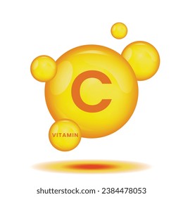 Diseño de iconos de vitamina C. Cápsula de píldora de oro. La farmacia firma el concepto de negocio. EPS iluminada por vectores.