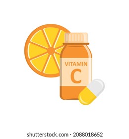 Icono de vitamina C en forma plana. Frasco con ilustración vectorial de la píldora sobre fondo blanco aislado. La farmacia firma el concepto de negocio.