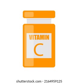 Icono de vitamina C en forma plana. Frasco con ilustración vectorial de la píldora sobre fondo blanco aislado. La farmacia firma el concepto de negocio.	