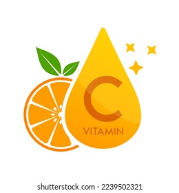 Vitamin C icon with orange fruit. Form drop serum simple line isolated on a white background. Design for use in web, app and print media. Medical food supplement symbol concept. Vector EPS10.