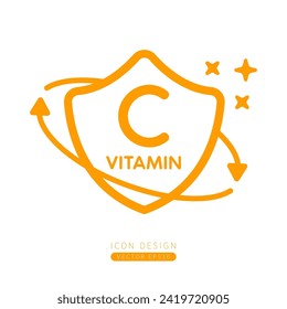 Vitamin C-Symbol orange in Schild, umgeben von Pfeilen einzeln auf weißem Hintergrund. Medizinische Symbole bauen Schutz- und Immunitätskonzept auf. Design für die Verwendung von Printmedien Form einfache Linie. Vektorgrafik.