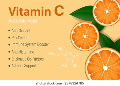 Icono de vitamina C, rodajas anaranjadas. La fórmula y los beneficios de la vitamina C. Cuidados cosméticos, nutrición, cuidado de la piel, diseño.