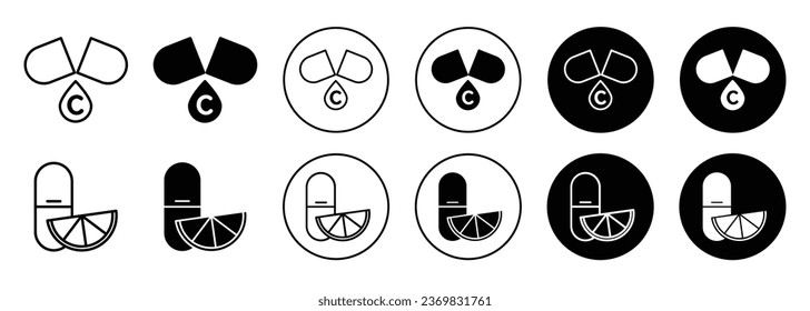 Icono de vitamina C. Ricos en el uso de aceite de vitamina c en el cuidado de la piel productos cosméticos como el conjunto de símbolos séricos. Signo vectorial de la gota de aceite ácido cítrico. Comprimido de píldora de vitamina c o logotipo de la línea suplementaria de la cápsula. 