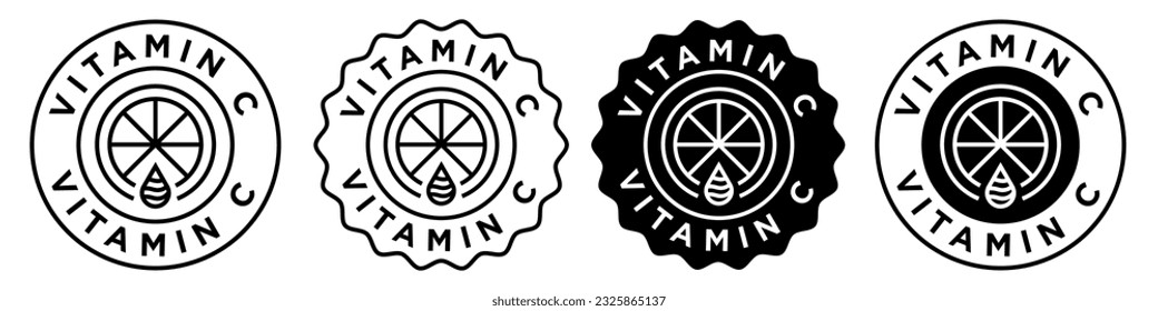 Vitamin c icon set collection. Vector badge symbol of citric acid rich pill supplements. Emblem seal of vitamin c serum for skin care. Lemon with water drop stamp sticker