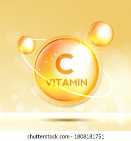 Vitamin C icon. shining golden substance drop. meds for heath ads. treatment cold flu and nutrition skin care. vector illustration.