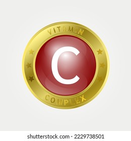  Vitamin C icon structure circle brown. gold border. Pill complex, collagen serum chemical formula. Beauty treatment nutrition skin care design, healthy. Medical, scientific. 3D Vector EPS10.