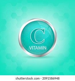 Vitamin C icon structure light green substance. Personal care, beauty concept. Medicine health symbol of thiamine. Drug business concept. Vector Illustration. 3D Vitamin complex with chemical formula