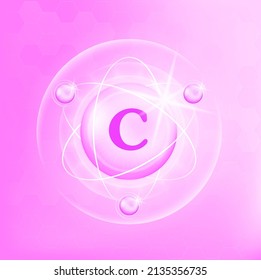 Estructura del icono de la vitamina C de color rosa claro morado, blanco. Símbolo médico de la tiamina. Ilustración de vectores 3D. Complejo con fórmula química. Cuidado personal, belleza. Concepto de negocio de drogas.