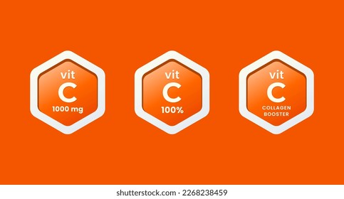 Vitamin c label vector or vitamin c icon vector isolated on orange background. Illustration of vitamin C icon. The best Vitamin c label for health product or supplement design.