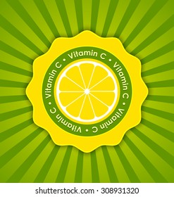 Vitamin C lemon badge in retro style on striped background