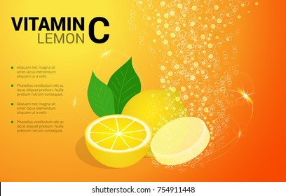 Vitamina C Pastillas solubles en limón con sabor a limón en agua con espumoso camino de burbujas. Ácido ascórbico. Diseño de envase complejo vitamínico con fondo amarillo cítrico. Tratamiento de la gripe fría.