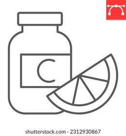 Vitamin C line icon, supplements and health, vitamin C bottle vector icon, vector graphics, editable stroke outline sign, eps 10.