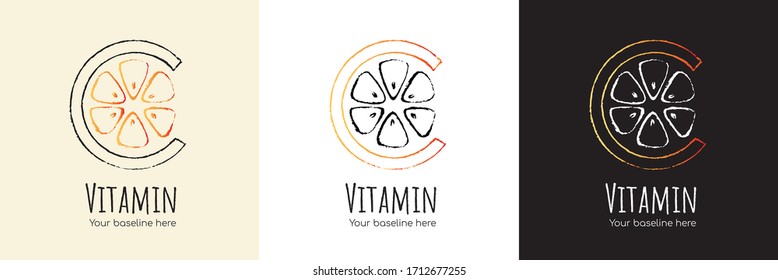 Vitamin C logo declinations set. Brand strengthening the immune system. Citrus fruit seeds, orange, vector hand-drawn illustration. Natural, healthy, nutrients and medical concept.