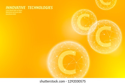 Vitamin C low poly sphere bright orange color. Health supplement skin care anti-aging cosmetics ad complex flu treatment. Medicine science banner template vector illustration