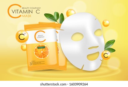 Vitamin C mask, beauty company, skin care bottle, realistic package mockup and fresh citrus, treatment essence, beauty cosmetics, vector banner