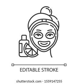 Vitamin C mask linear icon. Skin care procedure. Facial treatment. Dermatology, cosmetics, makeup. Thin line illustration. Contour symbol. Vector isolated outline drawing. Editable stroke