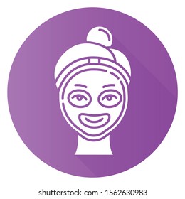 Vitamin C mask purple flat design long shadow glyph icon. Skin care procedure. Facial beauty treatment. Using liquid mask. Exfoliating and moisturizing effect. Vector silhouette illustration