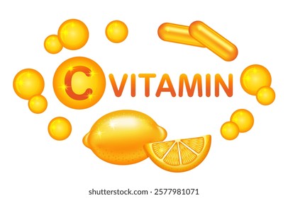 Vitamin C medical capsule pill with lemon citrus fruit, pharmacy multivitamin medicine tablet. Healthy diet food supplement with natural citric acid ingredient. Medication drug packaging sign. Vector