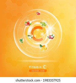 Vitamin C. Medicine capsule, Orange substance. Fruits and vegetables that neutralize free radicals. With chemical formula. Anti aging beauty enhancement concept and health care. 3D vector EPS10.