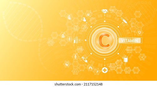 Vitamin C and Mineral supplements complex pharmaceutical capsule. Vitamins food sources and functions. Health care and science icon pattern medical innovation. On a orange background. Vector EPS 10.