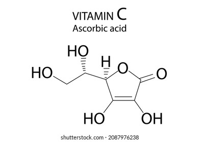 Vitamin C molecular formula. Atomic structure. Chemistry education. Science background. Vector illustration. Stock image. 
