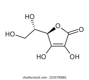 Molekulare Struktur von Vitamin C. Vitamin C, Ascorbinsäure oder Ascorbat, gefunden in Obst und Gemüse. Vektor-Strukturformel der chemischen Verbindung.