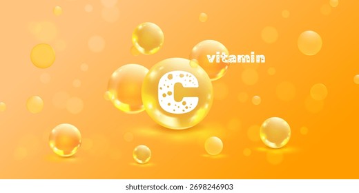Vitamin c molecule. Realistic molecules 3d bubbles orange soda background, rich vitamins cosmetic serum fruit water medicine healthcare supplements nutrition vector illustration