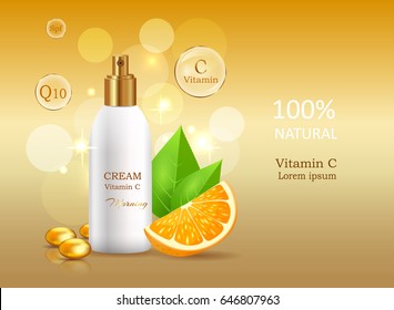 Vitamin C natural cream with sun protective factor coenzyme energizer. Cream bank beside oranges with leaves. Advertisement of natural organic cosmetics. Means for skin care vector illustration.