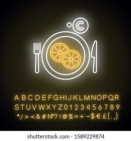 Vitamin C neon light icon. Sliced lemon on plate. Cut fruit. Eat citrus. Common cold precaution. Healthcare. Glowing sign with alphabet, numbers and symbols. Vector isolated illustration