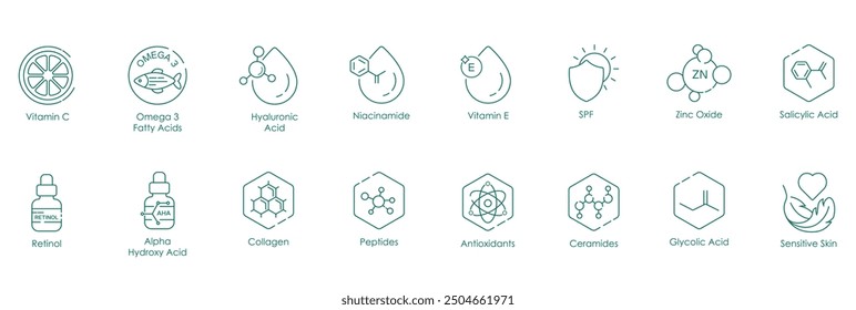 Vitamin C, Omega-3 Fatty Acid, Hyaluronic Acid, Niacinamide, Vitamin E, SPF, Zinc Oxide, Salicylic Acid, Retinol, Alpha Hydroxy Acid, Collagen, Peptides, Antioxidants, Ceramide, vector icons