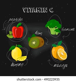 Vitamin C on black background. Vector illustration, eps 10. Fruit and vegetables with vitamin C info graphics set: lemon, orange, broccoli, paprika, kiwi.