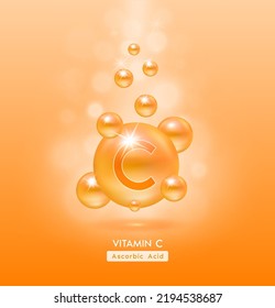 Vitamin C orange ball fall to ground serum vitamins complex. Beauty treatment nutrition skin care design. Medical and scientific concepts. 3D Realistic Vector EPS10.