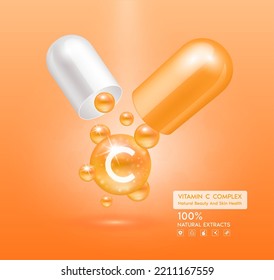 Vitamin C orange capsule. Treatment with vitamins complex collagen skincare beauty. Health supplement anti aging. Cosmetic beauty product design. 3D Realistic on pink background. Vector EPS10.