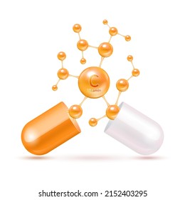 Vitamin C orange in capsule. Vitamins complex and minerals in molecular form. Dietary supplement for pharmacy advertisement. Science medic concept. Isolated on white background. Vector EPS10.
