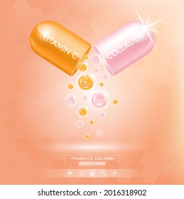 Vitamin C orange and collagen pack pink with capsule solution serum. Natural cosmetics lotion for face or body. Hyaluronic acid skin care ad. Beauty and Medicine Concepts. 3D Realistic Vector EPS10.