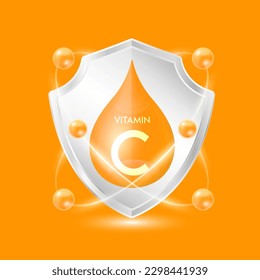 Vitamin C orange drop inside aluminum shield with atom surround. Minerals and vitamins complex protect the body stay healthy. For nutrition products food. Vector EPS10 illustration.