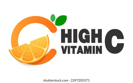 Vitamin C,  orange fruit and letter C with two green leaves. design for packaging presentation, advertising, company logo or symbol, cosmetic product display background. vitamin C nature. design.