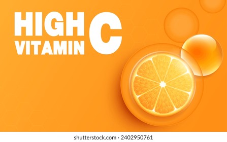 Vitamin C,  orange fruit and letter C with two green leaves. design for packaging presentation, advertising, company logo or symbol, cosmetic product display background. vitamin C nature. design.