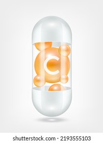 Vitamin C orange inside capsule pill transparent white. Health care beauty enhancement neutralize free radicals. Used for nutrition products food template design. 3D Realistic Vector EPS10.