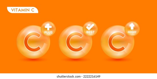 Vitamin C orange set. Vitamins plus best high. Icon 3D with medical symbols, arrows and check marks isolated on solid background. For food supplement design and beauty treatment skin care. Vector.