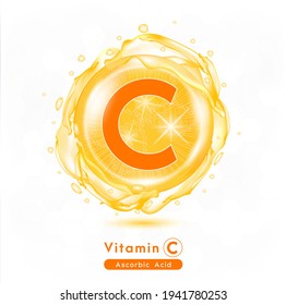 Vitamina C, cápsula de píldora brillante naranja. Complejo de vitamina con fórmula química.  Medicamentos para anuncios de salud. Tratamiento de belleza nutrición diseño de cuidado de la piel. Ilustración vectorial.