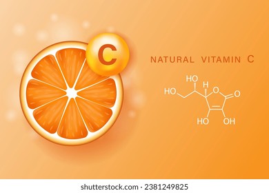 Vitamin C, orange and structure. Vitamin complex with a chemical formula from nature. Cosmetic care, nutrition, skin care, design. Medical and scientific concepts.