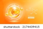 Vitamin C orange and structure. Pill vitamins complex and bubble collagen serum chemical formula. Beauty treatment nutrition skin care design. Medical and scientific concepts. 3D Vector EPS10.