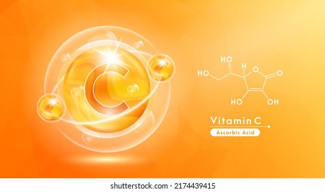 Vitamin C orange and structure. Pill vitamins complex and bubble collagen serum chemical formula. Beauty treatment nutrition skin care design. Medical and scientific concepts. 3D Vector EPS10. - Shutterstock ID 2174439415