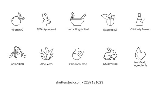 vitamina c, aprobada por la peta, ingrediente herbario, aceite esencial, clínicamente probado, antienvejecimiento, aloe vera, sin químicos, sin crueldad, sin ingredientes tóxicos conjunto de iconos ilustración vectorial 