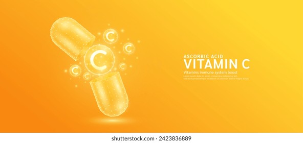 Vitamin C pill drug capsule open with orange bubble ball float out in style polygon. Collagen and minerals antibiotic supplement essential health care. Medical and pharmacy concept. Banner vector.